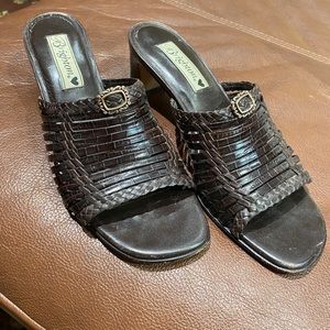 Brighton Brown Croco Braided Vintage Freddi Leather Heels Mules Sandals Size 8 M